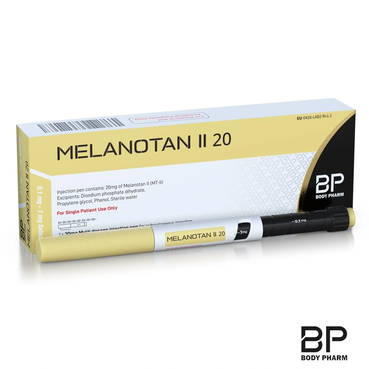 Body Pharm Melanotan II 20 mg prefilled pen and labelled box